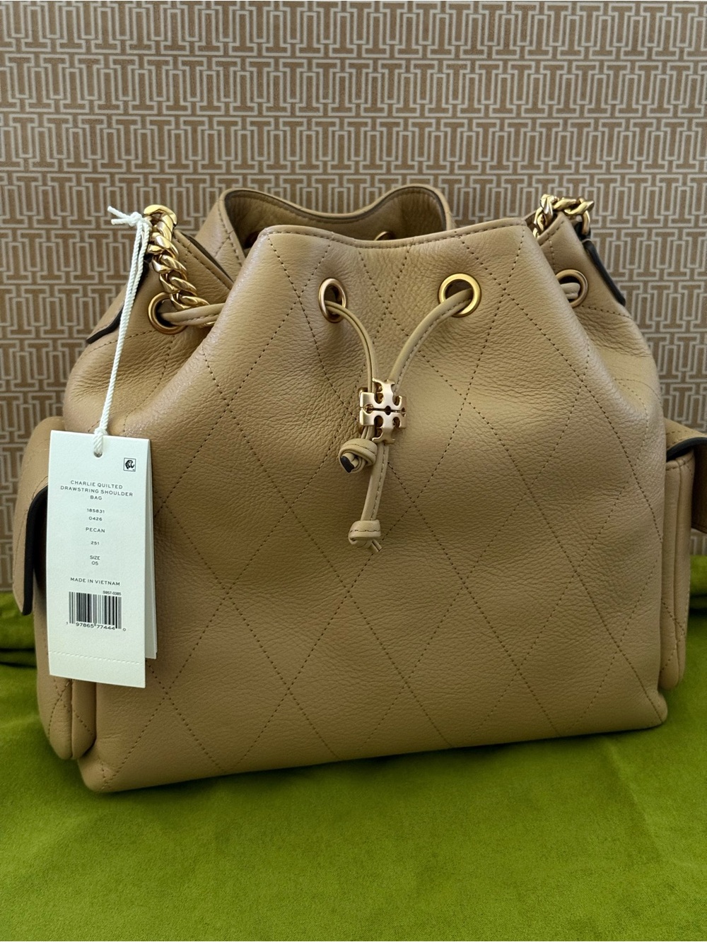Tory Burch Charlie Drawstring Shoulder Bag | Small | Pecan | NWT